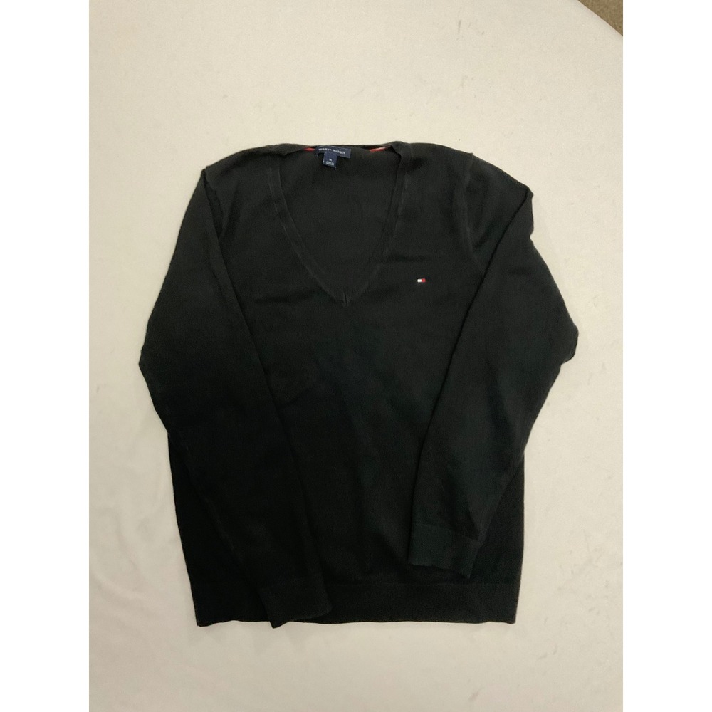 Tommy Hilfiger Womens V-Neck Sweater Black Long Sleeve Pullover Logo Size M